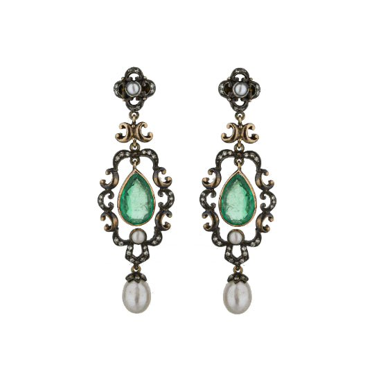 Pear Emerald And Pearl Drop Earrings, Circa 1850S