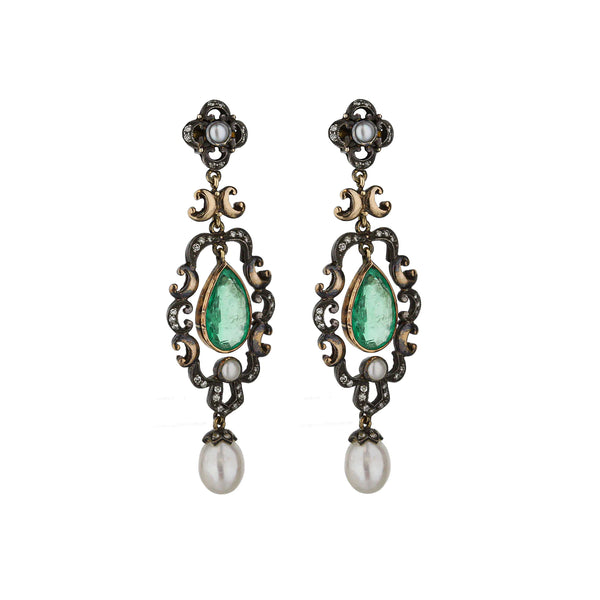 Pear Emerald And Pearl Drop Earrings, Circa 1850S