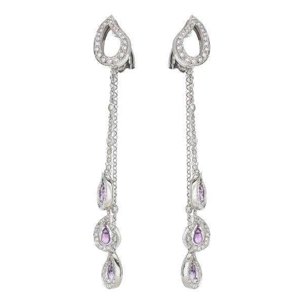 18K White Gold Pink Sapphire Briolette Diamond Dangle Earrings