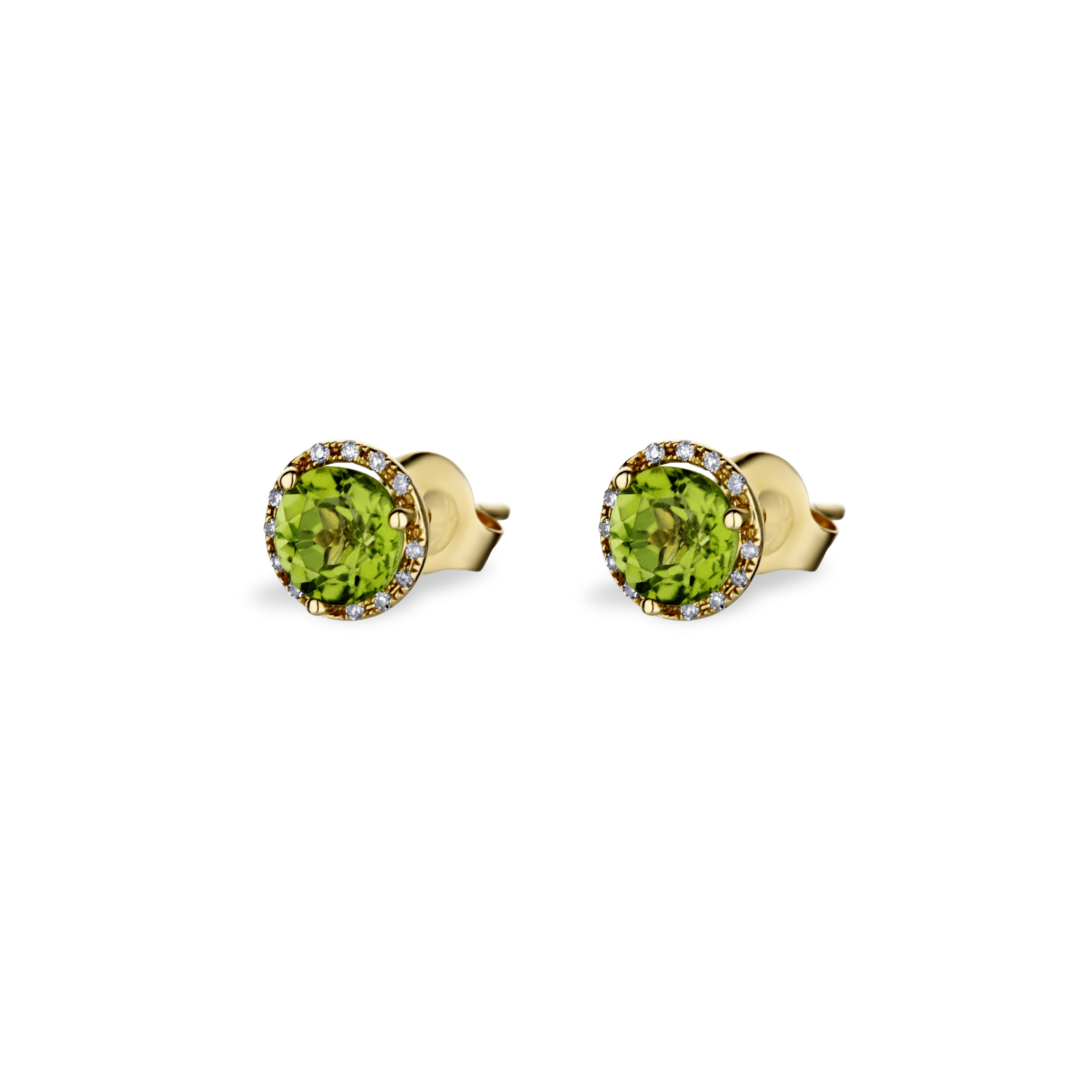 14K Yellow Gold 2 Peridot Stone Studs With Diamond Halo