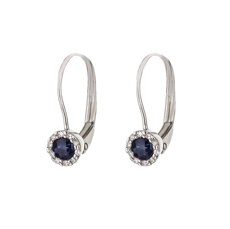 14K White Gold Small Blue Sapphire Stud Huggie With Diamond Halo