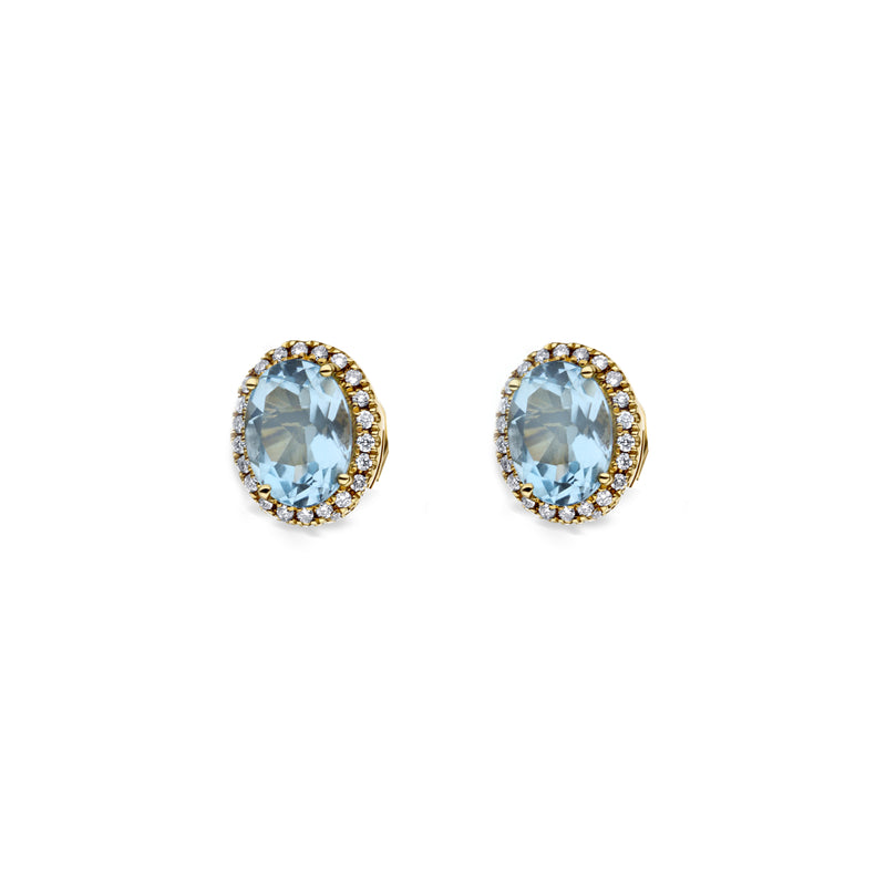 18K Yellow Gold Oval Aquamarine Earrings With Round Diamond Halo