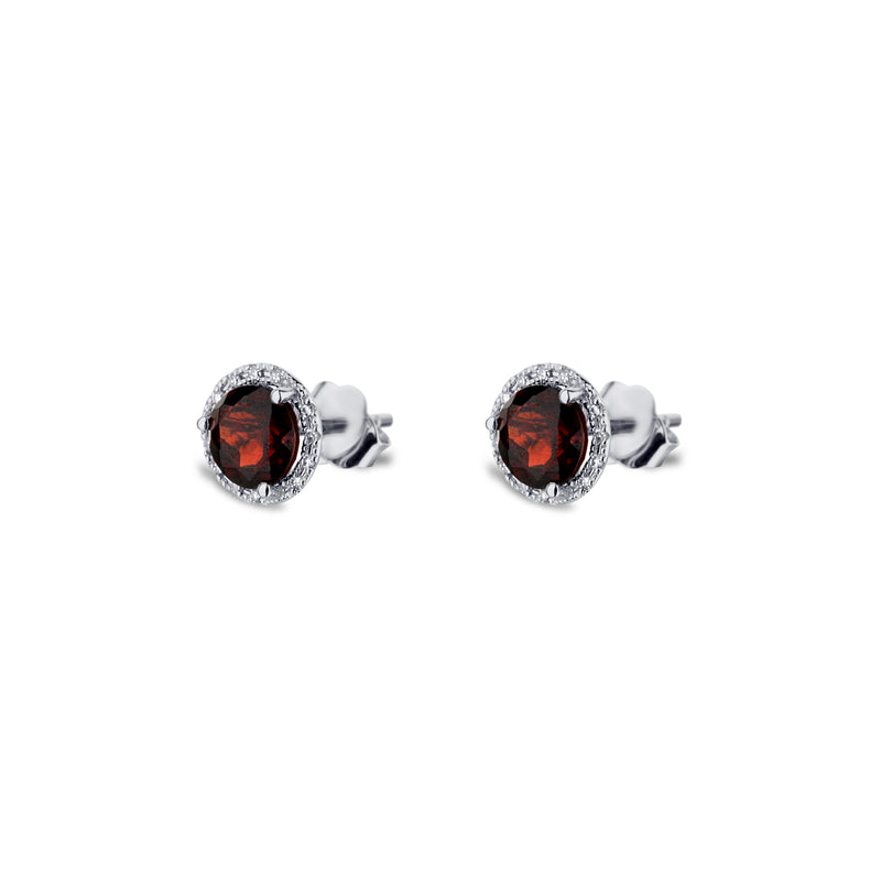 14K White Gold Garnet Studs With Diamond Halo