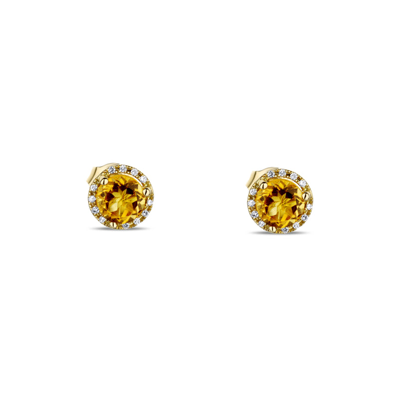 14K Yellow Gold Citrine And Diamond Round Stud Earrings