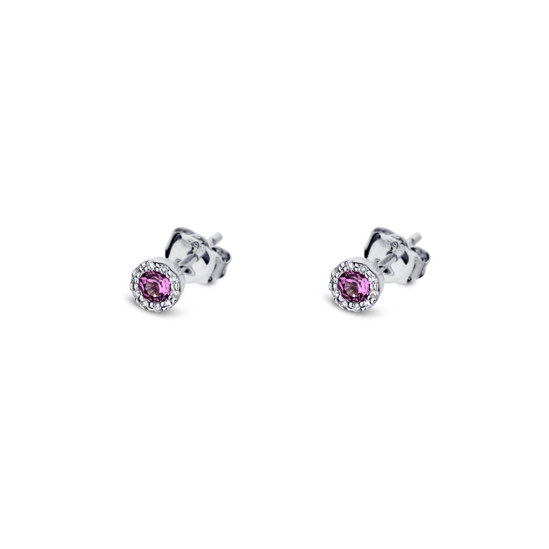 14K White Gold Created Pink Sapphire Round Halo Stud Earrings