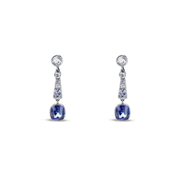 Art Deco Style Platinum Bezel And Bead Set Diamond Earrings With 2 Cushion Cut Blue Sapphires