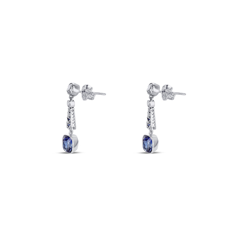 Art Deco Style Platinum Bezel And Bead Set Diamond Earrings With 2 Cushion Cut Blue Sapphires