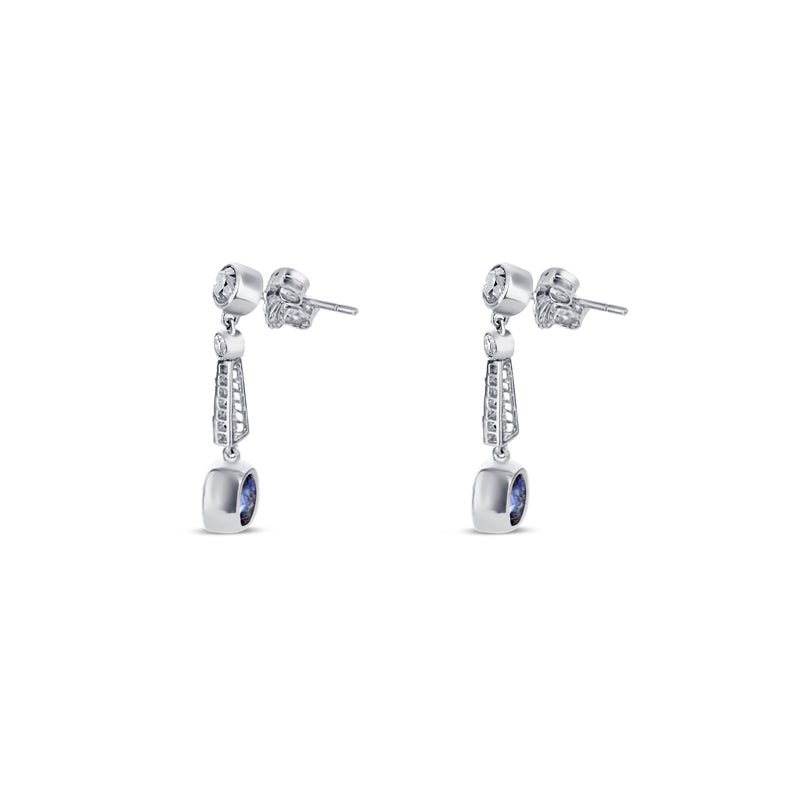 Art Deco Style Platinum Bezel And Bead Set Diamond Earrings With 2 Cushion Cut Blue Sapphires