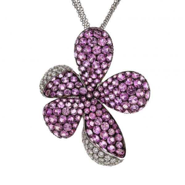18K White Gold Large Pink Sapphire And White Diamond Flower Pendant
