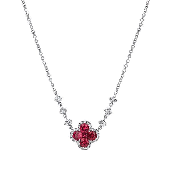 18K White Gold Ruby Clover And Diamond Station Chain Necklace