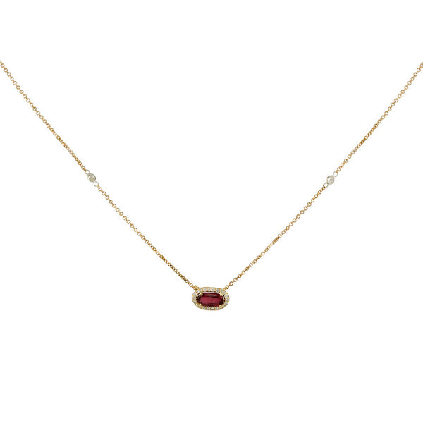 18K Rose Gold Faceted Oval Ruby Diamond Halo Pendant Necklace