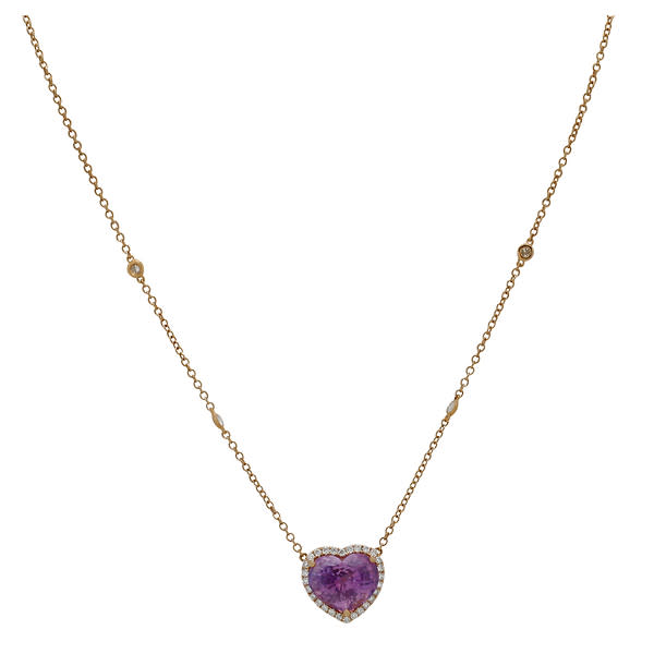 18K Rose Gold Pink Sapphire Heart & Diamond Halo Necklace