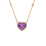 18K Rose Gold Pink Sapphire Heart & Diamond Halo Necklace