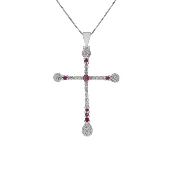 18K White Gold Diamond & Pink Sapphire Cross Pendant Necklace