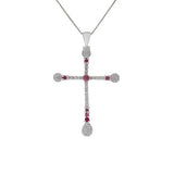 18K White Gold Diamond & Pink Sapphire Cross Pendant Necklace