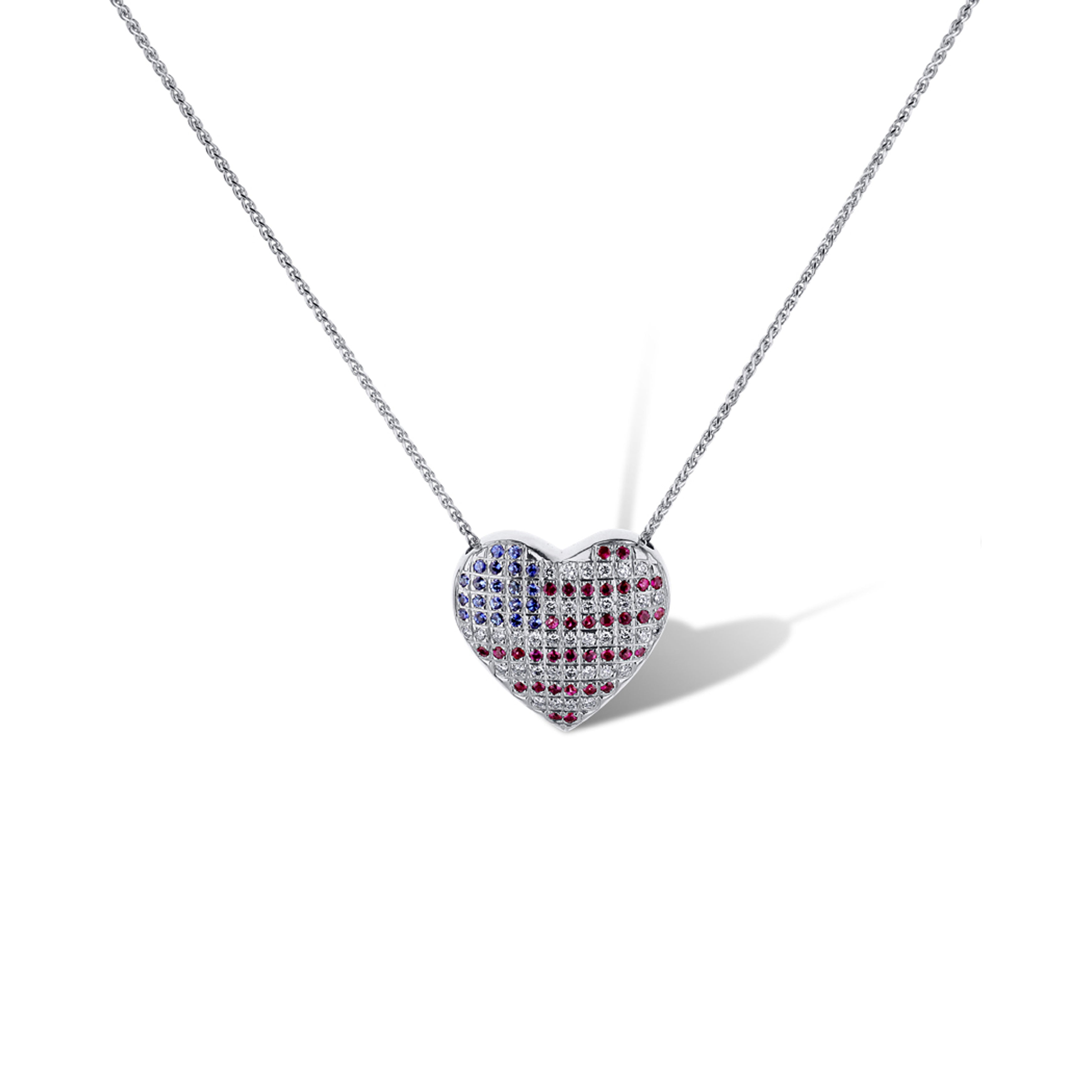 14K White Gold Usa Heart Pendant Necklace With Blue Sapphires And Rubies