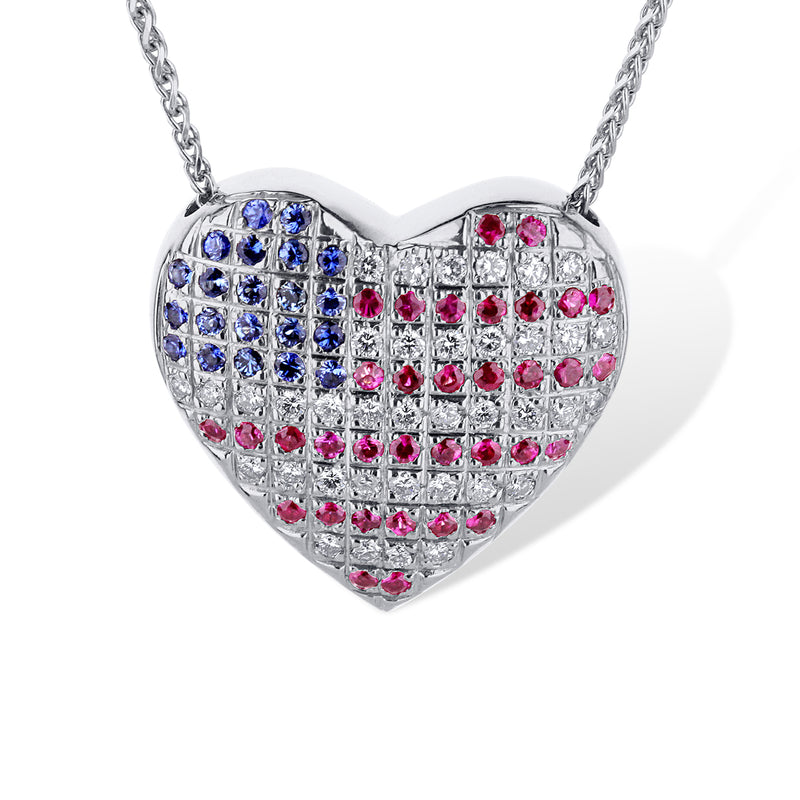 14K White Gold Usa Heart Pendant Necklace With Blue Sapphires And Rubies