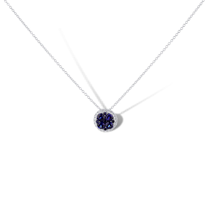 18K White Gold Blue Sapphire Cluster With Diamond Halo Pendant