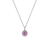 18K White Gold Diamond Halo Pink Sapphire "Sun" Pendant Necklace