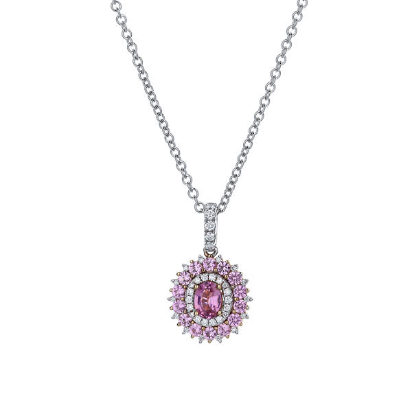 18K White Gold Diamond Halo Pink Sapphire "Sun" Pendant Necklace