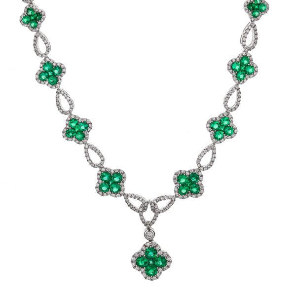 18K White Gold Emerald & Diamond Clover Necklace