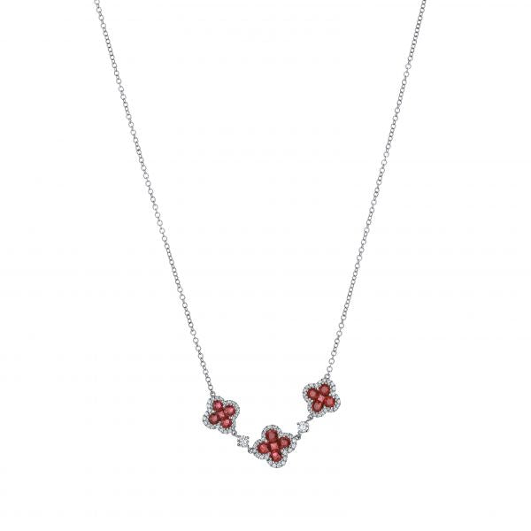 18K White Gold Ruby And Diamond 3 Flower Cluster Necklace