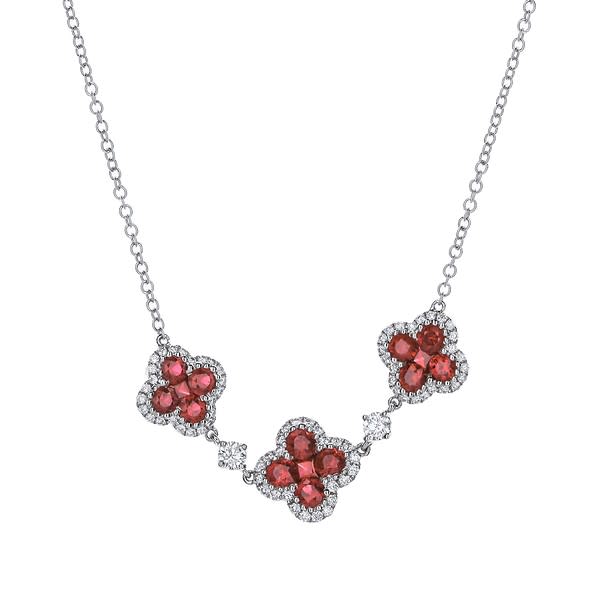 18K White Gold Ruby And Diamond 3 Flower Cluster Necklace