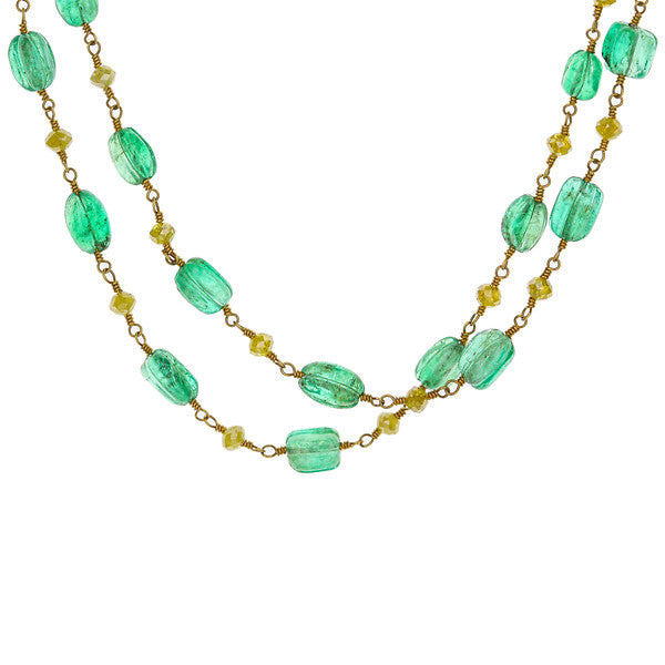 18K Yellow Gold Emerald And Yellow Diamond Beads Necklace