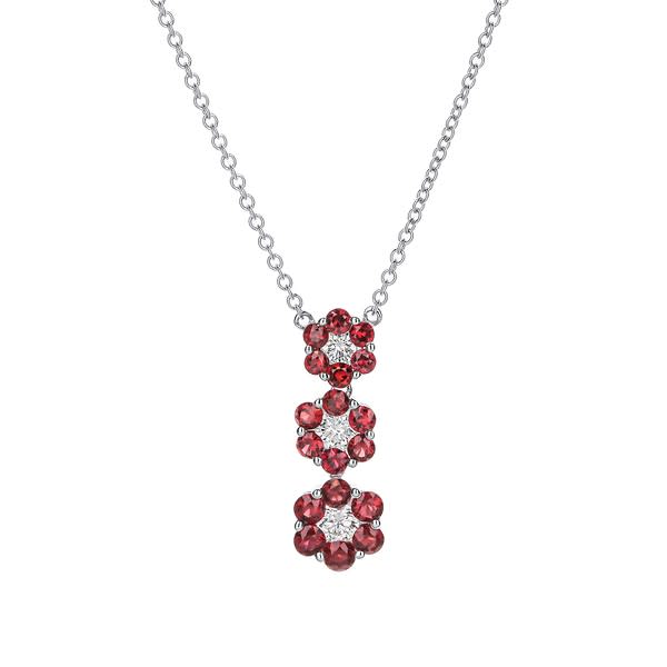 18K White Gold 3 Flower Ruby And Diamond Center Cluster Necklace