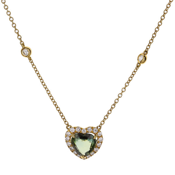 18K Yellow Gold Heart-Shaped Green Sapphire Pendant With Diamond Halo