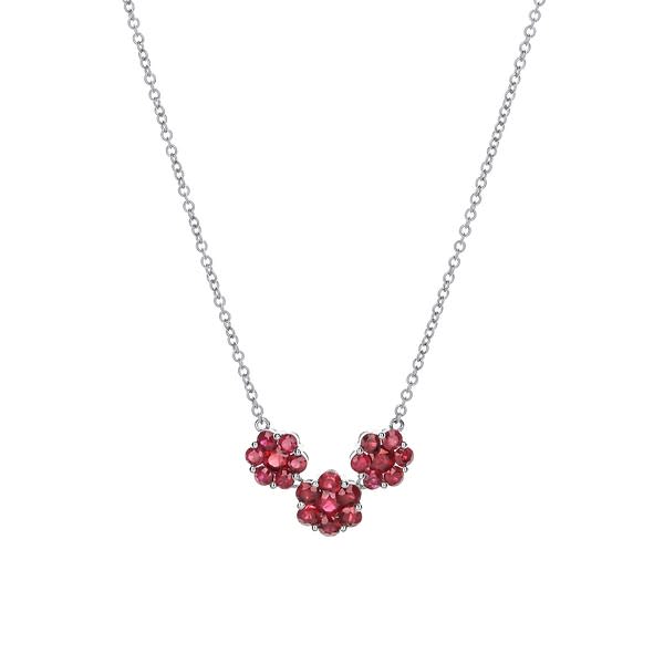 18K White Gold 3 Flower Ruby Cluster Necklace
