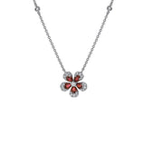 18K White Gold Ruby And Diamond Flower Necklace With 4 Bezel Set Diamonds Chain