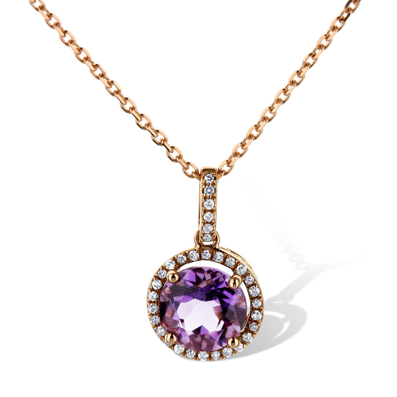 14K Rose Gold Round Amethyst Pendant With Diamond Halo On Rose Gold Chain