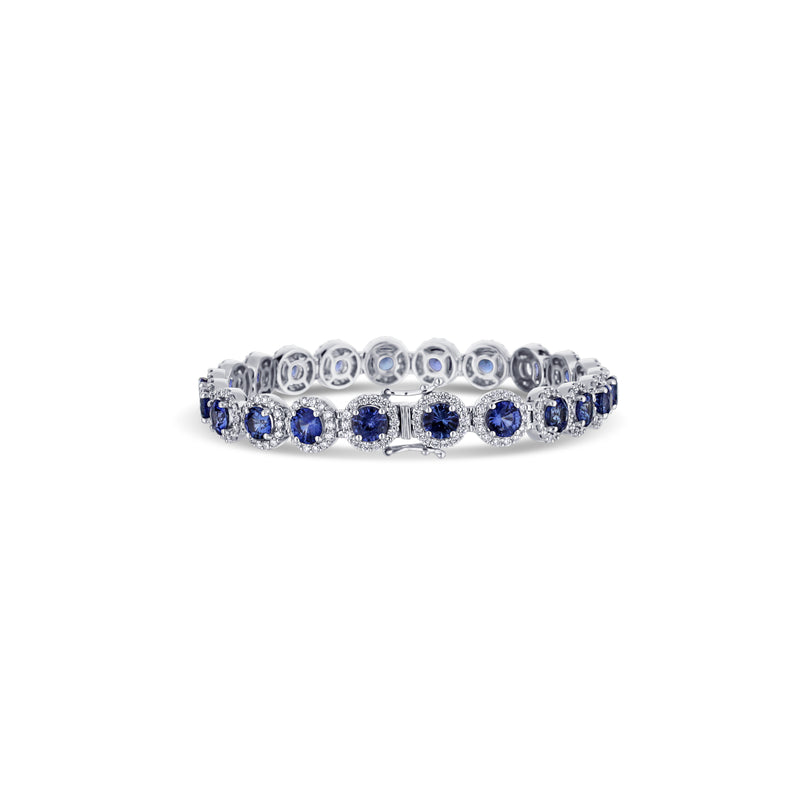 18K White Gold Blue Sapphire Round Halo Bracelet