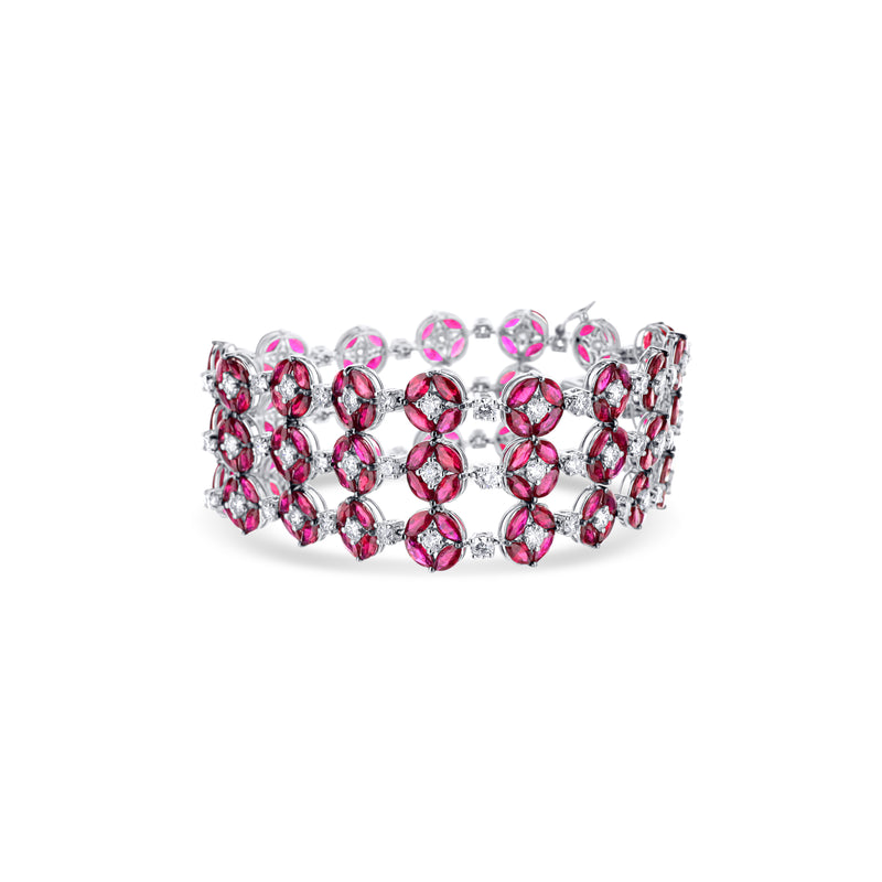 18K White Gold 3 Row Marquise Cut Ruby Diamond Bracelet