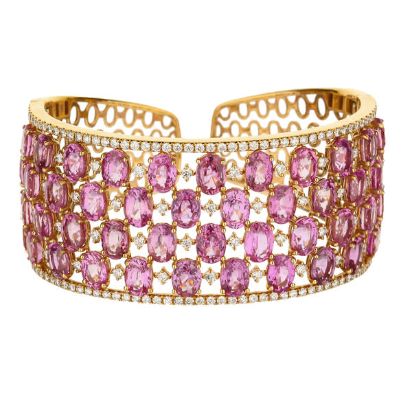 18K Rose Gold Pink Sapphire Diamond Cuff Bracelet