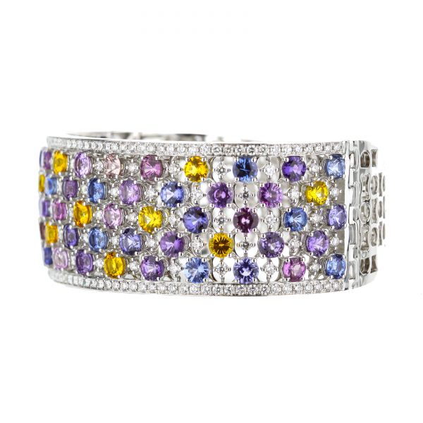 18K White Gold Multi-Color Sapphire Diamond Hinged Bangle Bracelet