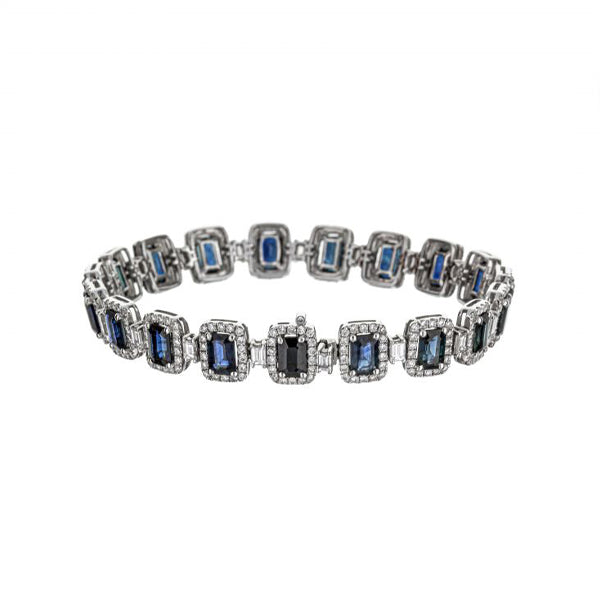 18K White Gold Emerald Cut Blue Sapphire And Baguette Diamond Bracelet