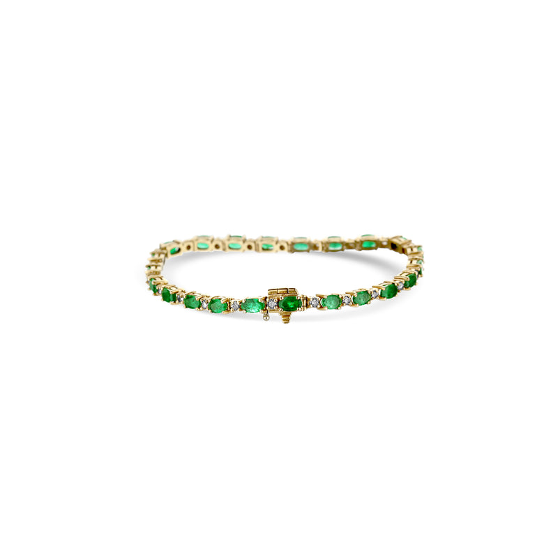 14K Yellow Gold Alternating Oval Emerald And Diamond Line Bracelet