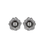 Platinum Black Pearl With 1.20Ctw Diamond Floral Motif Button Style Earrings