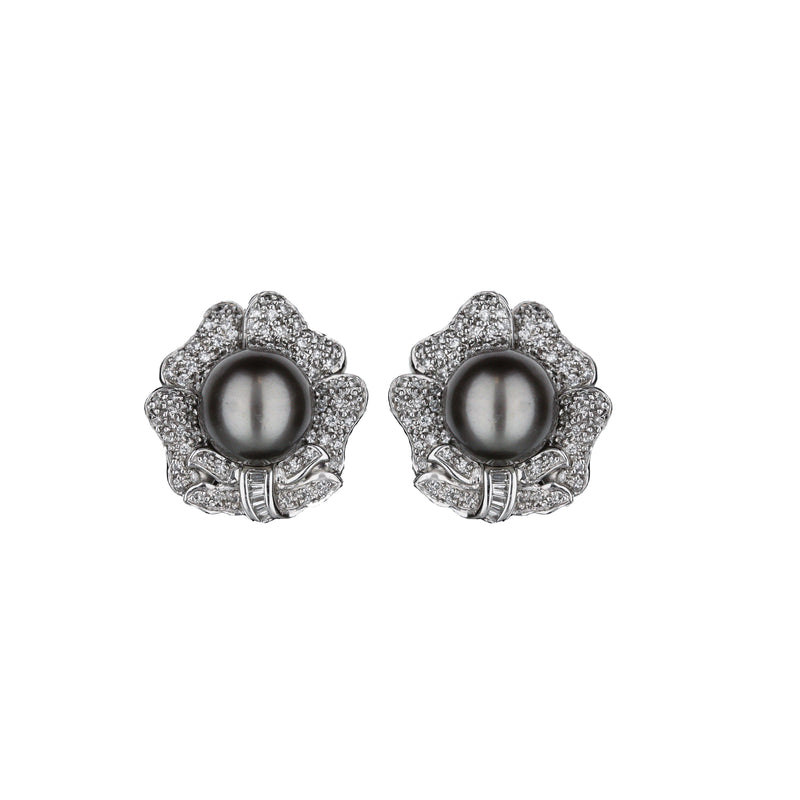 Platinum Black Pearl With 1.20Ctw Diamond Floral Motif Button Style Earrings