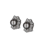 Platinum Black Pearl With 1.20Ctw Diamond Floral Motif Button Style Earrings