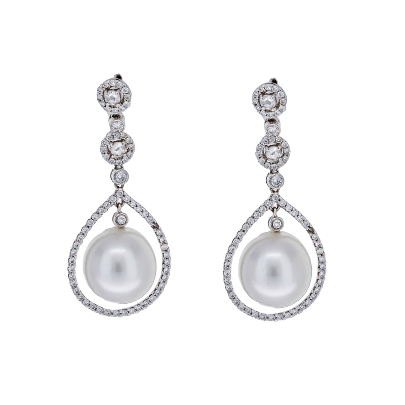18K White Gold South Sea Pearls Pear Shaped Pave Outer Halos Elegant Drop Earrings