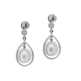 18K White Gold South Sea Pearls Pear Shaped Pave Outer Halos Elegant Drop Earrings