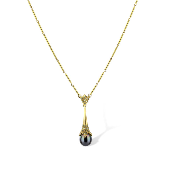 18K Yellow Gold Tahitian Pearl Drop Necklace With Green Pave Stones