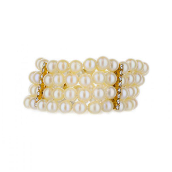 Vintage 18K Yellow Gold Multiple Strand Pearl And Diamond Spacer Bracelet 7 Inches