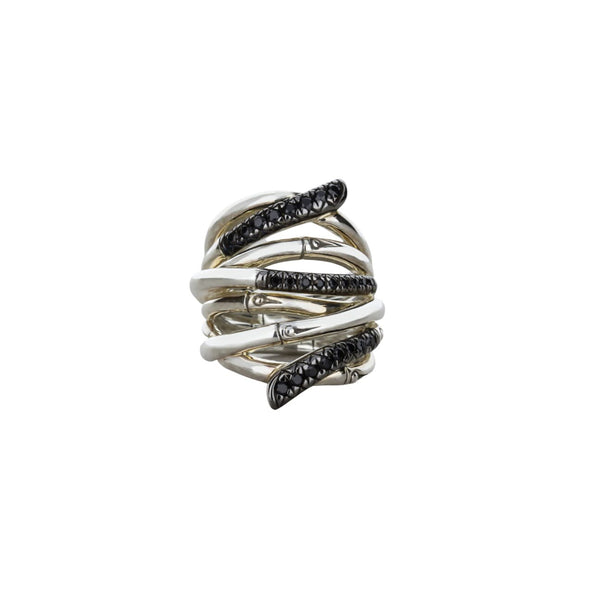 New John Hardy Bamboo Silver Lava Extra-Wide Ring With Black Sapphires