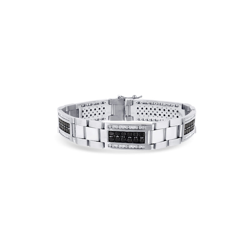 14K White Gold Men'S Black And White Diamond Link Bracelet With 2 Middle Diamond Rows On Links