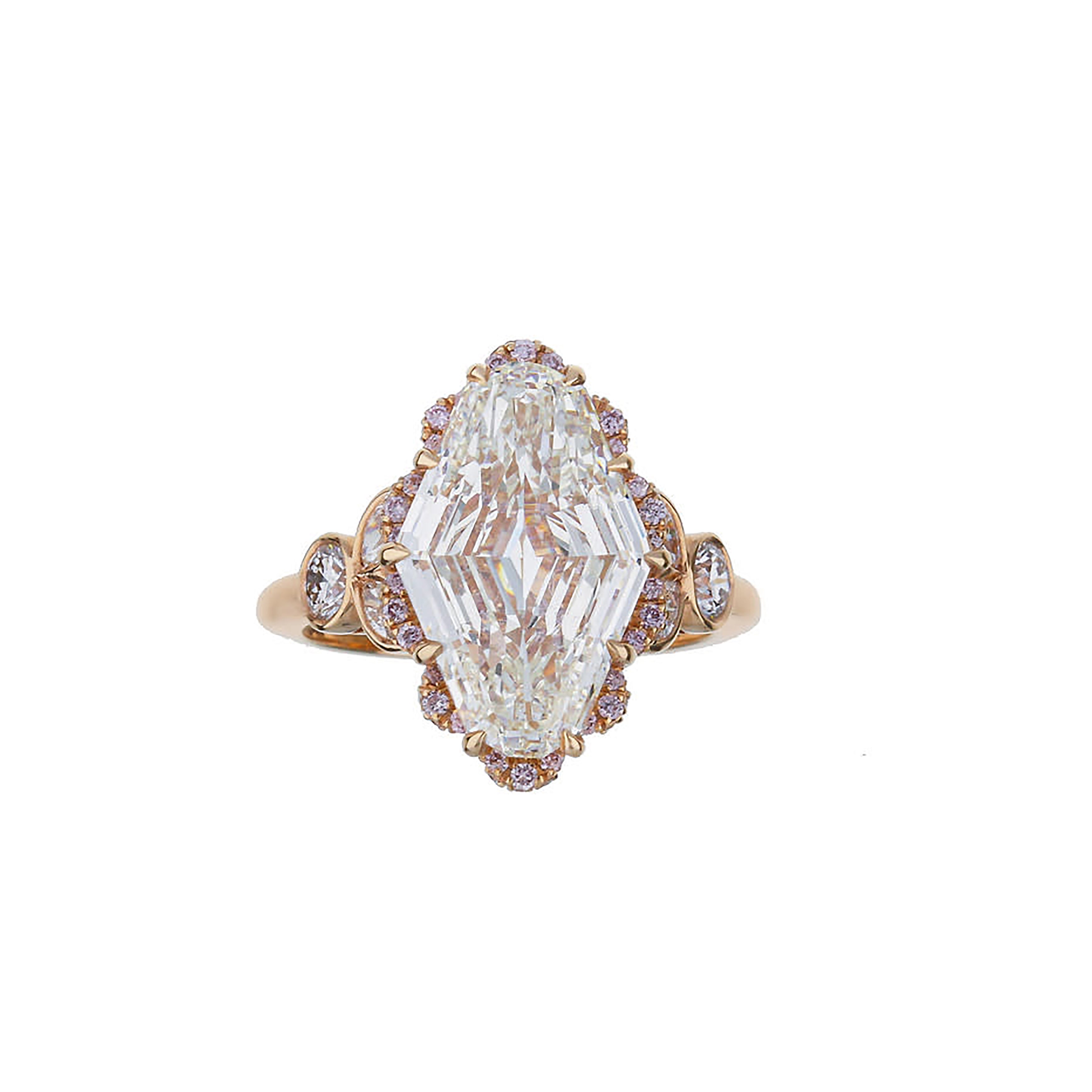 18K Rose Gold Lozenge Cut Diamond With Intense Fancy Pink Diamonds Custom Engagement Ring