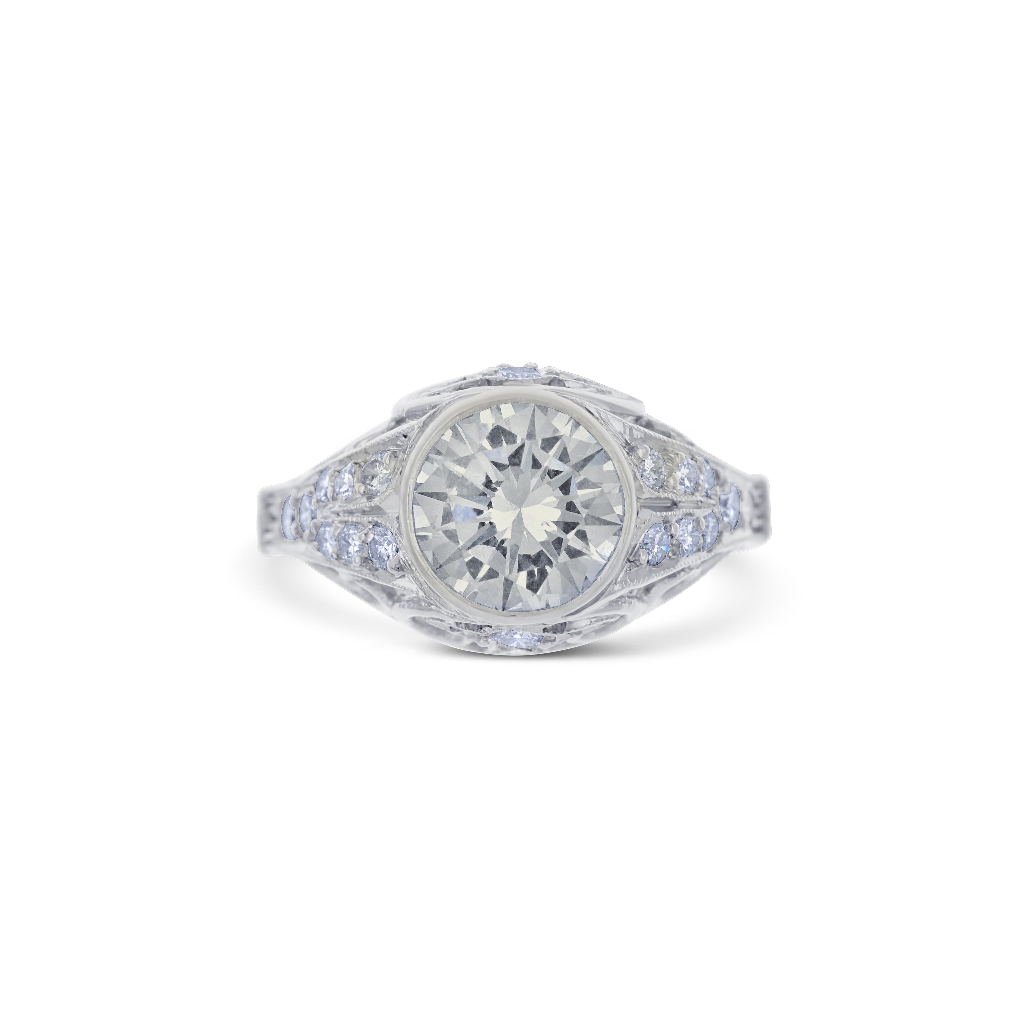 Platinum Filigree Dome Ring With A 1.46 Carat Bezel Set Round Brilliant Diamond